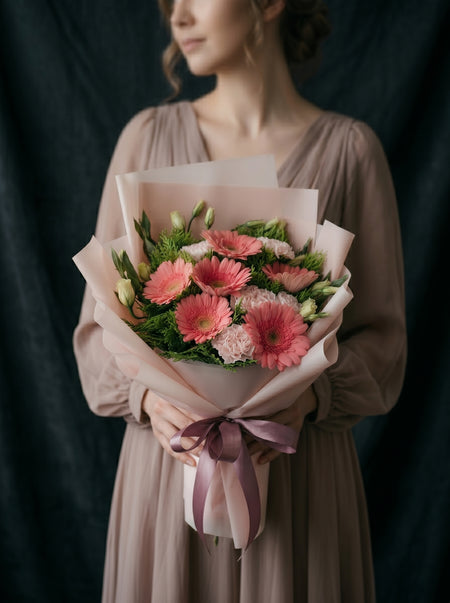 Bless bouquet of pink gerberas and ruffled carnations