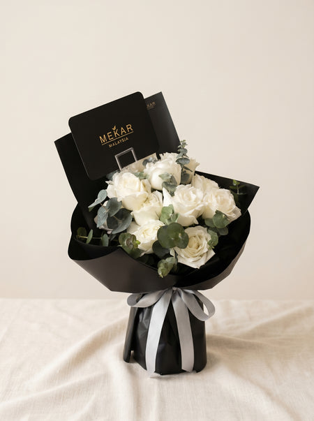 Aurelia Onyx bouquet of twelve white roses in dark wrapping