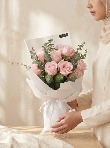 Aurelia Blush bouquet of twelve pink roses in blush wrapping, second view