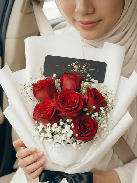 Celeste Ivory bouquet of six red roses with white baby's breath, second view