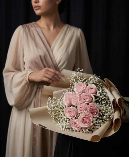 Astra bouquet of velvety pink roses with white fillers